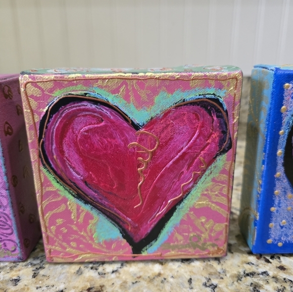 Susan Rene Original Signed Canvas Art Small Heart Set (3) 5x5 - Picture 3 of 9